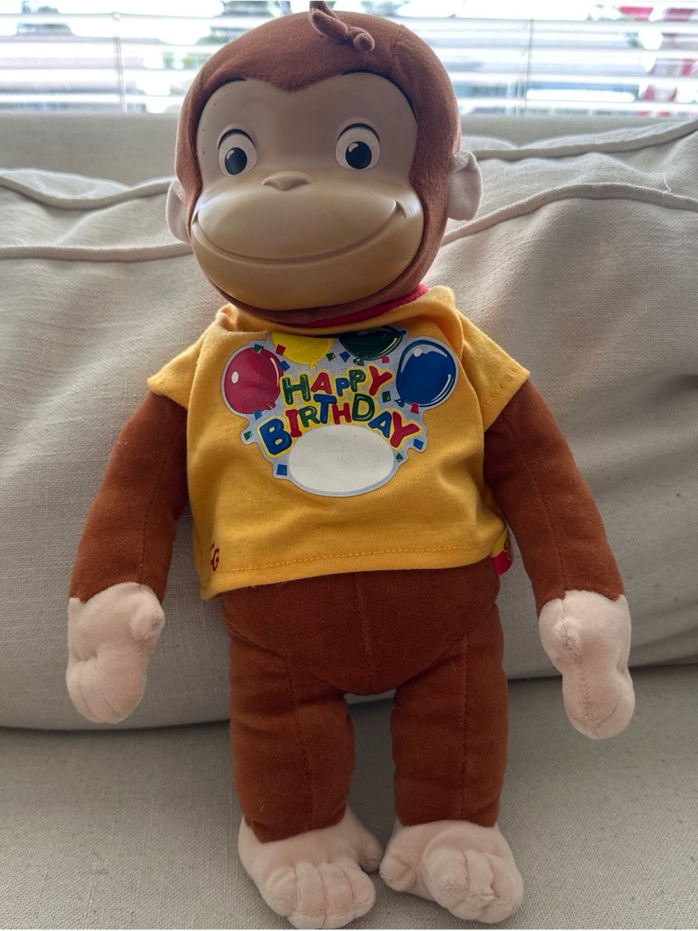 Curious Monkey Plush Toy in Brown with Yellow 'Happy Birthday' Shirt